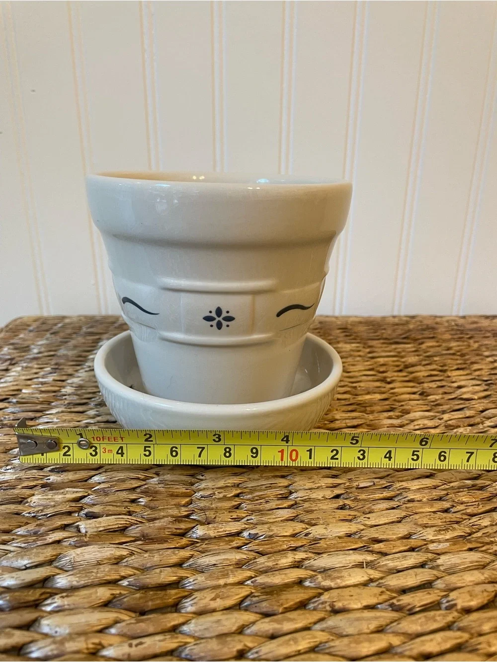Set of 3 Longaberger Blue Ceramic Herb Pots with Saucers - Cream